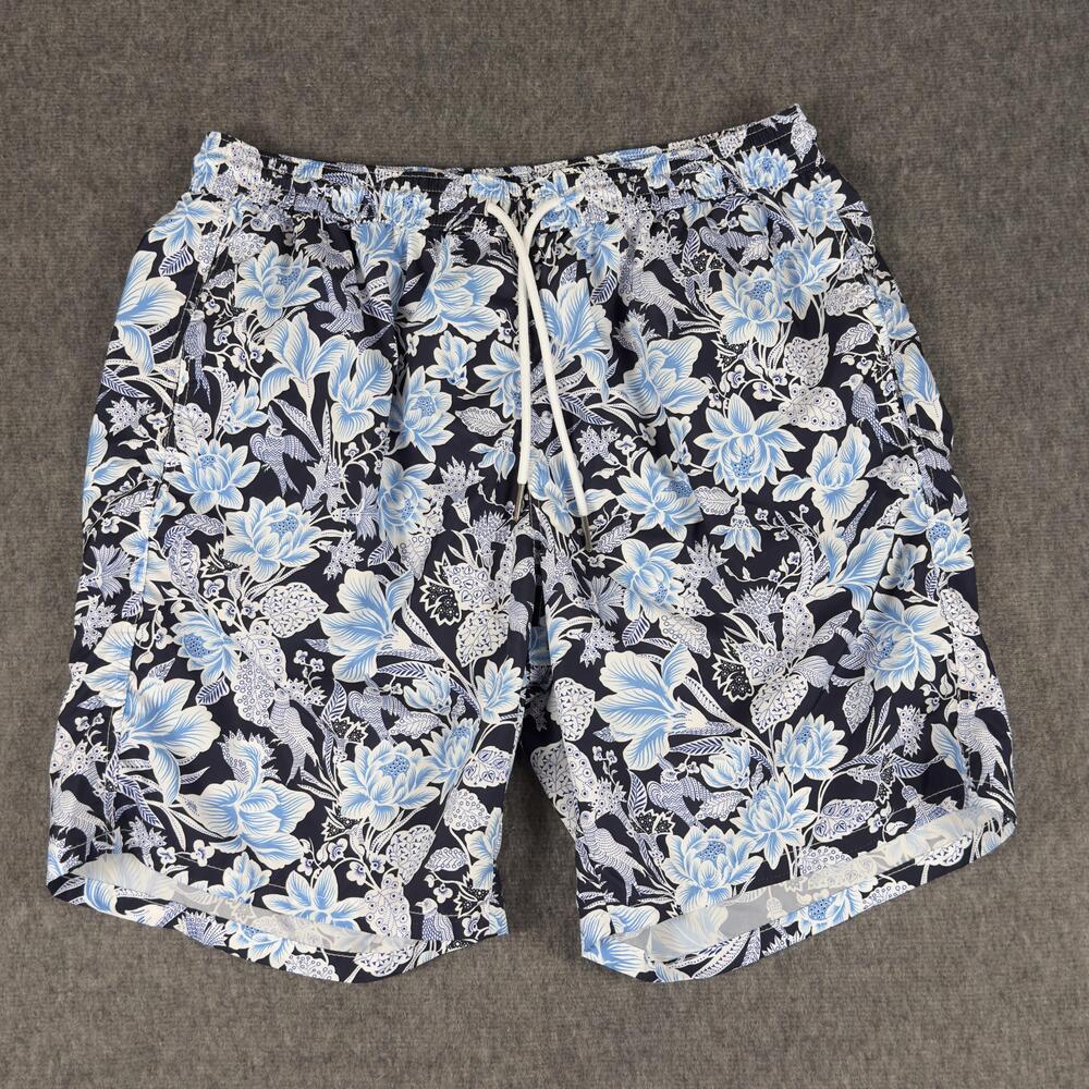 Tiki Swim Shorts Mens 52 Blue Tropical Floral Trunks Mesh Lined Drawstring Italy